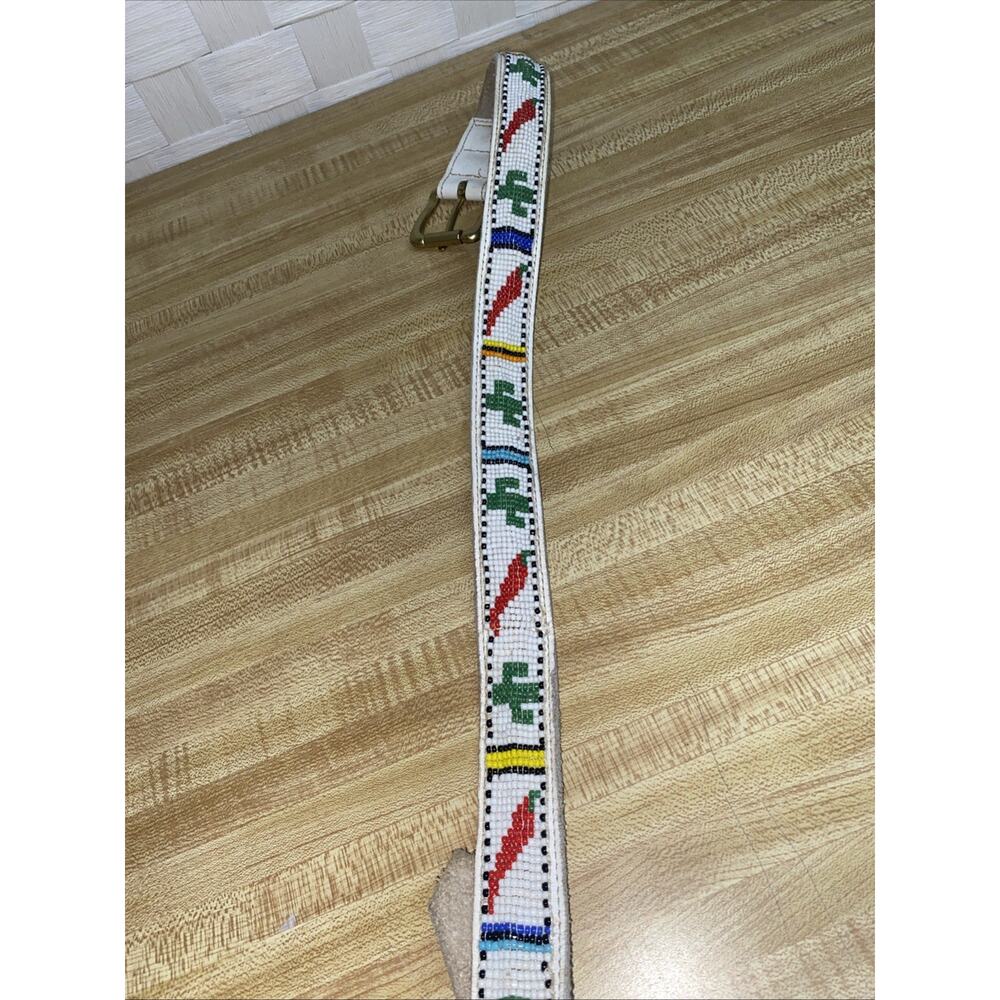 80s Beaded Southwestern Style Belt White Leather Brass Buckle Sz 28 USA Made - Picture 8 of 8